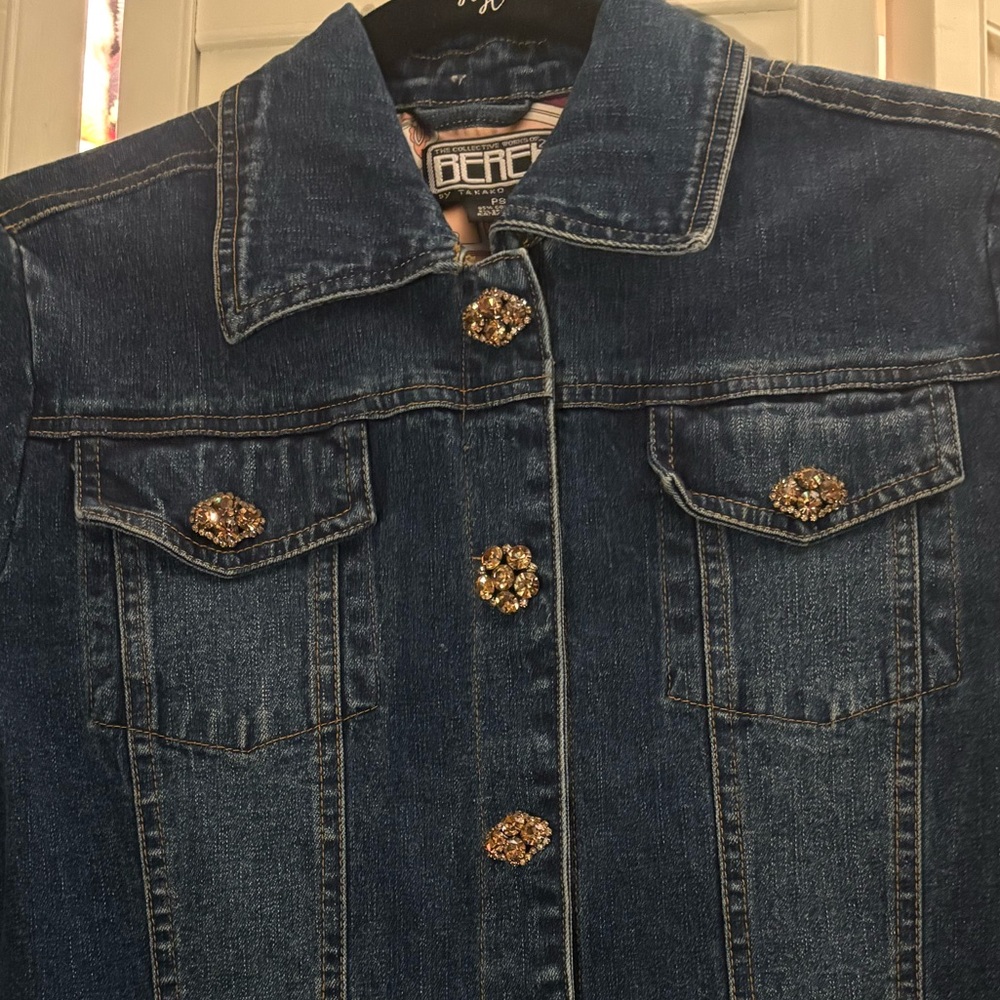 Dark Blue Denim Jacket with Amber Rhinestone Buttons.